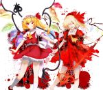  1girl :d alternate_costume ascot bare_arms bare_legs barefoot blonde_hair blood blood_splatter bloomers blouse bow chains collage collared_dress crazy crazy_eyes crazy_smile crystal dress eyebrows_visible_through_hair fangs flandre_scarlet frilled_skirt frills full_body hair_bow hair_over_one_eye hair_ribbon half-closed_eye hat hat_bow highres holding holding_weapon laevatein long_hair looking_at_viewer mob_cap no_hat no_headwear open_mouth outstretched_arms puffy_short_sleeves puffy_sleeves red_bow red_dress red_eyes red_skirt red_vest ribbon ringed_eyes short_sleeves side_ponytail simple_background skirt skirt_set smile smirk smug socks standing tk31 touhou underwear upper_teeth vest weapon white_background white_bloomers white_blouse white_legwear wing_collar wings 