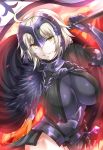  1girl armor blonde_hair breasts cape fate/grand_order fate_(series) flag fur_trim gauntlets grin helmet highres jeanne_d&#039;arc_(alter)_(fate) jeanne_d&#039;arc_(fate)_(all) looking_at_viewer shimeno_puni smile solo sword teeth weapon yellow_eyes 