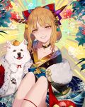  1girl 2018 animal bare_legs black_collar bow breasts cape cleavage collar collarbone commentary_request dog flower fur-trimmed_cape fur_trim hair_bow hair_ornament highres hillly_(maiwetea) horn_ribbon horns ibuki_suika japanese_clothes kimono looking_at_viewer nail_polish new_year parted_lips pink_nails print_kimono red_cape red_ribbon ribbon sash sitting smile star touhou wave_print yellow_eyes 
