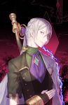  1boy amatari_sukuzakki artist_name bow bow_(weapon) electricity fingerless_gloves fire_emblem fire_emblem_heroes fire_emblem_if gloves grey_hair highres joker_(fire_emblem_if) low_ponytail male_focus scar solo upper_body violet_eyes weapon 