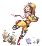  animal_ears bangs blonde_hair blunt_bangs bodysuit breasts byakko cat_ears chibi eyebrows full_body gloves hood long_sleeves looking_at_viewer niyah rabbit ribbon short_hair silver_hair simple_background smile takanoriha_kasui tiger white_background white_gloves white_hair xenoblade xenoblade_2 yellow_bodysuit yellow_eyes 