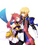  1boy 1girl blazblue blonde_hair couple gloves green_eyes izayoi_(blazblue) kisaragi_jin long_hair lor_(roasyerizyonirapi) ponytail red_eyes redhead simple_background smile tears tsubaki_yayoi uniform white_background 