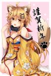  1girl animal_ears bangs bare_shoulders black_collar blonde_hair blush breasts brown_eyes cleavage collar collarbone commentary_request dog_collar dog_ears dog_girl dog_tail eyebrows_visible_through_hair fang floral_print full_body hair_between_eyes hair_ornament hair_ribbon hairclip happy_new_year highres japanese_clothes kimono komori_kuzuyu leash long_hair looking_at_viewer looking_to_the_side medium_breasts new_year no_shoes off_shoulder open_mouth original print_kimono red_ribbon ribbon seiza sidelocks sitting socks solo tail translated very_long_hair white_legwear x_hair_ornament yellow_kimono 