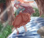 1girl barefoot breasts expressionless forest hata_no_kokoro highres large_breasts long_hair long_sleeves looking_at_viewer mask mask_on_head nature pink_eyes pink_hair plaid plaid_shirt river shirt skirt skirt_lift solo touhou water xialu_zajin