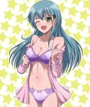 1girl aqua_hair bare_shoulders blush bra breasts cleavage collarbone green_eyes hair_ornament hairclip jacket kantai_collection large_breasts looking_at_viewer navel off_shoulder one_eye_closed open_clothes open_jacket open_mouth panties pink_jacket purple_bra purple_panties solo star starry_background straight_hair suzuya_(kantai_collection) underwear zanntetu 