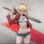  1girl 3d belt black_panties black_thong blonde_hair bracelet breasts denim denim_shorts fate/apocrypha fate_(series) green_eyes grin hand_on_hip highleg highleg_panties highleg_thong highres holding holding_sword holding_weapon jacket jewelry leslyzerosix looking_at_viewer midriff mordred_(fate) mordred_(fate)_(all) navel necklace over_shoulder panties ponytail shorts smile solo sword sword_over_shoulder teeth thong underwear weapon weapon_over_shoulder 