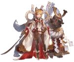  1girl animal_ears blonde_hair braid brown_eyes dog dog_ears full_body granblue_fantasy hair_ornament holding holding_weapon japanese_clothes long_sleeves looking_at_viewer minaba_hideo official_art open_mouth pantyhose pelvic_curtain platform_footwear rope sandals sheath shimenawa short_hair smile standing sword transparent_background vajra_(granblue_fantasy) weapon wide_sleeves 
