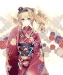  1girl 2018 alternate_costume alternate_hairstyle aqua_eyes artist_request blonde_hair braid commentary cowboy_shot crown eyebrows_visible_through_hair floral_background floral_print french_braid haieband hair_between_eyes hair_ornament highres japanese_clothes kantai_collection kimono long_sleeves looking_at_viewer mini_crown obi ponytail sash sidelocks smile solo warspite_(kantai_collection) wavy_hair wide_sleeves 