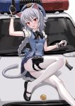  1girl animal_ears beret black_bow black_footwear black_neckwear blue_bow blue_skirt blue_vest blush bow braid breasts bullet car cartridge cat_ears cat_tail commentary_request fang fkey gloves ground_vehicle gun hair_bow handgun hat heart highres holding holding_gun holding_weapon holster long_hair looking_at_viewer mary_janes motor_vehicle neck_bow open_mouth original pistol pleated_skirt police_car ponytail puffy_short_sleeves puffy_sleeves red_eyes shirt shoes short_sleeves silver_hair simple_background skirt small_breasts solo tail thigh_holster very_long_hair vest weapon white_background white_gloves white_legwear white_shirt 