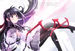  1girl akemi_homura artist_name black_hair black_legwear blush bow christy commentary_request copyright_name cover cover_page english highres long_hair long_sleeves mahou_shoujo_madoka_magica open_mouth pantyhose red_glasses ribbon sample skirt solo sparkle translation_request violet_eyes 