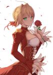  ahoge bangs blonde_hair blush braid breasts closed_mouth commentary_request dress eyebrows_visible_through_hair fate/grand_order fate_(series) fingernails flower from_side green_eyes hair_bun hair_intakes hair_ribbon hand_up highres holding holding_flower juliet_sleeves large_breasts long_sleeves looking_at_viewer looking_to_the_side nero_claudius_(fate) nero_claudius_(fate)_(all) petals puffy_sleeves rafael-m red_dress red_ribbon red_rose ribbon rose standing upper_body white_background wide_sleeves 