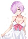 1girl bare_shoulders blush breasts cherim cleavage closed_mouth dress fate/grand_order fate_(series) glasses hair_over_one_eye highres large_breasts looking_at_viewer mash_kyrielight purple_hair short_hair simple_background smile solo violet_eyes white_background white_dress 