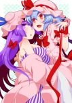  2girls blue_hair bow breasts commentary_request eichi_yuu fang frills hair_bow hand_on_another&#039;s_shoulder hat hat_bow hat_ribbon highres long_hair mob_cap multiple_girls open_mouth patchouli_knowledge pink_hat purple_hair red_bow red_eyes red_ribbon remilia_scarlet ribbon sideboob smile striped touhou violet_eyes 