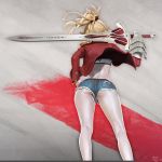  1girl ass back belt blonde_hair fate/apocrypha fate_(series) gauntlets highres holding holding_sword holding_weapon jacket leslyzerosix long_hair midriff mordred_(fate) mordred_(fate)_(all) over_shoulder ponytail shorts solo sword sword_over_shoulder weapon weapon_over_shoulder 