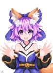  1girl :d animal_ears bare_shoulders blue_bow bow cosplay d-pad d-pad_hair_ornament detached_collar detached_sleeves fate_(series) fox_ears fox_tail hair_bow hands_up japanese_clothes kimono neptune_(choujigen_game_neptune) neptune_(series) open_mouth purerin purple_hair short_hair simple_background smile solo tail tamamo_(fate)_(all) tamamo_no_mae_(fate) tamamo_no_mae_(fate)_(cosplay) upper_teeth violet_eyes white_background wide_sleeves 
