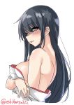  1girl bangs bare_shoulders black_hair blush breasts brown_eyes ebifurya eyebrows_visible_through_hair from_side fusou_(kantai_collection) hair_between_eyes highres kantai_collection long_hair looking_at_viewer medium_breasts off_shoulder parted_lips shaded_face sideboob simple_background solo twitter_username upper_body white_background 