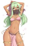  1girl arabian_clothes arms_behind_head bare_shoulders breasts circlet cowboy_shot dancer dark_skin green_eyes green_hair jewelry long_hair looking_at_viewer midriff navel o-ring_top original pelvic_curtain sasaame simple_background small_breasts smile solo veil white_background 