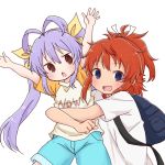  2girls :d antenna_hair arms_up backpack bag bangs beige_shirt blue_eyes blue_shorts breasts brown_eyes brown_hair clothes_writing commentary_request eyebrows_visible_through_hair hair_between_eyes hair_ribbon high_ponytail koshigaya_natsumi leaning_to_the_side long_hair looking_at_viewer miyauchi_renge multiple_girls non_non_biyori open_mouth outstretched_arms ponytail purple_hair raglan_sleeves ribbon shika_(s1ka) shirt short_sleeves shorts simple_background smile star translation_request very_long_hair white_background white_ribbon white_shirt yellow_ribbon 