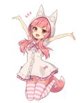  1girl animal_ears animal_hood arms_up bangs blush bow dress eyebrows_visible_through_hair fox_ears fox_girl fox_tail full_body hood hood_up jumping knees_together_feet_apart looking_at_viewer no_shoes open_mouth original pink_hair puffy_short_sleeves puffy_sleeves red_eyes sasaame short_sleeves simple_background solo striped striped_legwear tail thigh-highs white_background 