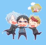  4boys ^_^ black_hair blonde_hair blue-framed_eyewear blue_background brown_eyes cheek_poking chibi closed_eyes fang glasses hair_over_one_eye jacket katsuki_yuuri male_focus minami_kenjirou multicolored_hair multiple_boys open_mouth poking rayu redhead silver_hair smile standing standing_on_one_leg track_jacket two-tone_hair viktor_nikiforov wavy_mouth yuri!!!_on_ice yuri_plisetsky 