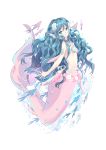  1girl absurdres air_bubble animal bangs bare_arms bare_shoulders blue_eyes blue_hair blush breasts bubble eyebrows_visible_through_hair fins fish full_body hair_between_eyes head_fins head_tilt highres jellyfish long_hair looking_at_viewer looking_to_the_side medium_breasts mermaid monster_girl original pearl sample scales seashell seashell_hair_ornament shell shell_bikini simple_background solo very_long_hair white_background yuzhi 