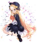  1girl abigail_williams_(fate/grand_order) bangs black_bow black_dress black_footwear black_hat blonde_hair bloomers blue_eyes blush bow bubble butterfly closed_mouth commentary_request dress fate/grand_order fate_(series) forehead from_side full_body hair_bow hat key long_hair long_sleeves looking_at_viewer looking_to_the_side mary_janes narae object_hug orange_bow parted_bangs polka_dot polka_dot_bow shoes sleeves_past_wrists smile solo star stuffed_animal stuffed_toy teddy_bear underwear very_long_hair white_background white_bloomers 