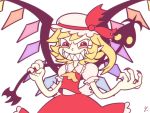  1girl ascot bare_arms blonde_hair crystal cuphead_(game) evil_eyes evil_grin evil_smile fingernails flandre_scarlet frilled_shirt_collar frilled_sleeves frills grin hands_up hat hat_ribbon holding holding_weapon laevatein looking_at_viewer medium_hair mob_cap nail_polish parody pointy_ears puffy_short_sleeves puffy_sleeves red_eyes red_nails red_ribbon red_skirt red_vest ribbon sharp_fingernails sharp_teeth short_sleeves side_ponytail simple_background skirt skirt_set smile solo style_parody teeth touhou upper_body vest weapon white_background wings yatsunote yellow_neckwear 
