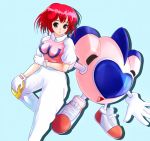  1girl :d :o black_eyes blue_background gloves hand_on_own_knee highres holding_arm kawaeru looking_at_viewer open_mouth pants pastel_(twinbee) redhead shoes smile sneakers twinbee white_gloves white_pants winbee 