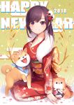  1girl 2018 :d ball bangs blush breasts commentary_request dog english eyebrows_visible_through_hair floral_print flower flower_request from_side fur_trim hair_flower hair_ornament happy_new_year japanese_clothes kimono kyuri_tizu large_breasts long_hair long_sleeves looking_at_viewer new_year obi open_mouth original purple_hair red_kimono sash seiza sitting smile temari_ball violet_eyes year_of_the_dog 