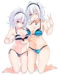  2girls ;p absurdres ahoge asymmetrical_docking bangs bare_arms bare_legs bare_shoulders barefoot bikini black_hairband black_ribbon blue_bikini blue_eyes breast_press breasts cleavage collarbone front-tie_bikini front-tie_top full_body gluteal_fold hair_between_eyes hairband highres index_finger_raised jewelry kneeling large_breasts long_hair looking_at_viewer matsunoki_(unknown_751) multiple_girls navel necklace one_eye_closed original pendant ponytail ribbon shiny shiny_hair shiny_skin simple_background skindentation star star-shaped_pupils star_print stomach striped striped_bikini swimsuit symbol-shaped_pupils thick_eyebrows tongue tongue_out two_side_up v-shaped_eyebrows white_background 