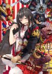  1girl akagi_(kantai_collection) archery arrow black_hair bow_(weapon) commentary_request engine highres japanese_clothes kantai_collection looking_at_viewer neko_(yanshoujie) new_year propeller solo sword weapon yellow_eyes 