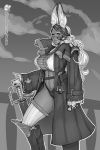  1girl alternate_costume animal_ears bbc-chan boots breasts cleavage commentary dark_skin final_fantasy final_fantasy_xii fran greyscale high_collar highres knee_boots large_breasts lips long_coat long_hair monochrome patreon_username pirate planted_sword planted_weapon rabbit_ears revealing_clothes solo standing sword thigh-highs watermark weapon web_address 