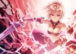  1girl bandeau bangs bare_shoulders blonde_hair braid breasts clarent cleavage commentary_request detached_sleeves fate/apocrypha fate_(series) french_braid green_eyes holding holding_sword holding_weapon kame_(pixiv) lightning loincloth looking_at_viewer mordred_(fate) mordred_(fate)_(all) navel ponytail scrunchie sleeves_past_wrists small_breasts smile solo stomach strapless sword weapon 