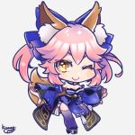  animal_ears artist_name blue_legwear bow breasts chibi cleavage detached_sleeves fate/extra fate/grand_order fate_(series) fox_ears fox_tail grey_background hair_bow hair_ribbon japanese_clothes kisaragi_yuu_(fallen_sky) large_breasts one_eye_closed pink_hair ribbon simple_background tail tamamo_(fate)_(all) tamamo_no_mae_(fate) yellow_eyes 