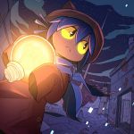  1other :&lt; animal_hat brown_eyes brown_hat building cat_hat closed_mouth fisheye glowing hair_between_eyes hat holding houten_(dre_a_mer) light_bulb looking_back night night_sky niko_(oneshot) nyanbinary oneshot_(game) outdoors purple_hair rust scarf short_hair sky sleeves_past_wrists solo standing star_(sky) starry_sky yellow_sclera 