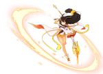  1girl :d absurdres ahoge ara_han black_hair elsword eyeshadow fighting_stance full_body highres holding holding_spear holding_weapon hwansang legs long_hair looking_at_viewer low-tied_long_hair makeup miniskirt official_art open_mouth orange_skirt pantyhose polearm sakra_devanam_(elsword) sheer_legwear shoes skirt smile solo spear weapon white_footwear yellow_eyes 