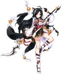  1girl ahoge ara_han asura_(elsword) black_hair black_skirt bow breasts cleavage closed_mouth detached_sleeves elsword full_body hair_bow heterochromia holding holding_spear holding_weapon large_breasts long_hair looking_at_viewer multicolored_hair official_art polearm red_eyes sando_(artist) single_pauldron skirt smile solo spear standing standing_on_one_leg streaked_hair tassel toeless_legwear two-tone_hair weapon white_bow white_hair yellow_eyes 