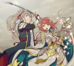  1boy 1girl armor bow_(weapon) brother_and_sister brothers cape fire_emblem fire_emblem_heroes fire_emblem_if fuujin_yumi grey_hair hairband hiyori_(rindou66) long_hair open_mouth pink_hair ponytail redhead sakura_(fire_emblem_if) siblings simple_background staff takumi_(fire_emblem_if) weapon yumi_(bow) 