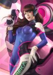  1girl acronym against_object animal_print bangs blue_bodysuit bodysuit bracer brown_hair bunny_print charm_(object) clothes_writing cowboy_shot d.va_(overwatch) facepaint facial_mark finger_on_trigger gun handgun headphones high_collar holding holding_gun holding_weapon lips long_hair looking_at_viewer mecha meka_(overwatch) nose open_mouth overwatch pilot_suit pink_lips pistol ribbed_bodysuit shoulder_pads signature skin_tight smile solo swept_bangs upper_teeth weapon whisker_markings yin_yuming 