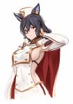  1girl animal_ears arm_up armor armpits black_hair breasts cape closed_mouth detached_sleeves double-breasted garrison_cap granblue_fantasy hair_between_eyes hand_in_hair hat highres ilsa long_hair long_sleeves looking_at_viewer medium_breasts midriff military military_uniform pak_ce pauldrons red_cape red_eyes serious shoulder_armor sideboob simple_background sketch solo tsurime uniform upper_body white_background white_hat 