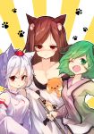  3girls animal animal_ears bamboo_broom bangs bare_shoulders blush breasts broom brown_hair chiroru_(cheese-roll) cleavage commentary detached_sleeves dress green_eyes green_hair hat highres holding holding_animal holding_broom imaizumi_kagerou inubashiri_momiji japanese_clothes kasodani_kyouko kimono large_breasts long_hair long_sleeves looking_at_viewer medium_breasts multiple_girls nose_blush off-shoulder_dress off_shoulder one_eye_closed open_mouth parted_lips paw_print pom_pom_(clothes) red_eyes short_hair skirt small_breasts swept_bangs tokin_hat touhou white_hair wide_sleeves wolf_ears 