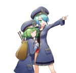  2girls blue_hair blue_hat blush breasts closed_eyes closed_mouth coat collarbone facing_away green_eyes green_hair hair_over_one_eye hat keifuku-san keifuku_(tatsuki) long_sleeves medium_breasts multiple_girls open_mouth pointing red_skirt short_hair skirt smile station_master_(tatsuki) tansan_daisuki 