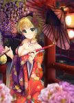  1girl bangs bare_shoulders blonde_hair blush bow breasts bridge cleavage collarbone earrings floral_print flower green_eyes hair_bow hair_flower hair_ornament highres holding holding_pipe idolmaster idolmaster_cinderella_girls japanese_clothes jewelry kimono kiseru kuria_(clear_trip_second) lantern large_breasts looking_at_viewer miyamoto_frederica nail_polish necklace off_shoulder oriental_umbrella paper_lantern pipe short_hair smile solo stream umbrella water wide_sleeves 