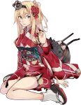  1girl alternate_costume blonde_hair blue_eyes braid corset crane floral_print flower japanese_clothes kantai_collection kimono konishi_(koconatu) lowres machinery official_art ponytail rose sandals torn_clothes transparent_background warspite_(kantai_collection) wide_sleeves 