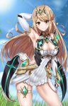  1girl absurdres armor blonde_hair blush breasts cleavage dress field fingerless_gloves gloves highres mythra_(xenoblade) large_breasts long_hair looking_at_viewer nez-kun skirt sky smile solo xenoblade xenoblade_2 yellow_eyes 