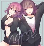  2girls bangs black_bra black_hoodie bow bow_bra bra breasts brown_hair character_name character_request cleavage commentary_request eyebrows_visible_through_hair fingernails hair_between_eyes hair_ornament hairclip hand_behind_head hand_in_pocket head_tilt hood hood_down hoodie kuroi_(liar-player) long_sleeves looking_at_viewer medium_breasts multiple_girls nail_polish niconico nqrse open_clothes open_hoodie parted_lips partially_unzipped pink_hair pink_nails ribbon-trimmed_bra shirt short_hair sleeves_past_wrists smile twitter_username underwear violet_eyes white_shirt x_hair_ornament 