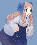  1girl :d anchor asakaze_(kantai_collection) bangs blue_background blue_bow blue_eyes blue_hakama blue_kimono bow commentary_request eyebrows_visible_through_hair furisode hair_bow hakama hands_on_hips japanese_clothes kantai_collection kimono light_brown_hair long_hair long_sleeves looking_at_viewer meiji_schoolgirl_uniform open_mouth parted_bangs short_kimono sidelocks simple_background smile solo very_long_hair wavy_hair wide_sleeves zp_hn02 