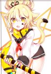  1girl animal_ears aotu_world blonde_hair blush cat_ears cat_tail eyebrows_visible_through_hair looking_at_viewer open_mouth red_neckwear scarf short_hair shu_(pjxv7485) solo tail yellow_eyes yellow_scarf 