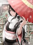  1girl absurdres bangs black_hair black_kimono blurry blurry_background commentary_request depth_of_field eyebrows_visible_through_hair fence fingernails fur_trim fuu_(fuore) hand_up highres holding holding_umbrella japanese_clothes kimono long_sleeves looking_at_viewer new_year obi oriental_umbrella original parted_lips red_eyes sash snow solo standing umbrella upper_body wide_sleeves 