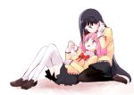  2girls akemi_homura black_hair black_legwear blush brown_footwear christy hair_ribbon hairband hand_holding interlocked_fingers kaname_madoka long_hair long_sleeves looking_at_another mahou_shoujo_madoka_magica multiple_girls open_mouth pantyhose pink_eyes pink_hair red_ribbon ribbon school_uniform sitting sitting_on_lap sitting_on_person smile thigh-highs twintails very_long_hair violet_eyes white_background white_legwear yuri zettai_ryouiki 